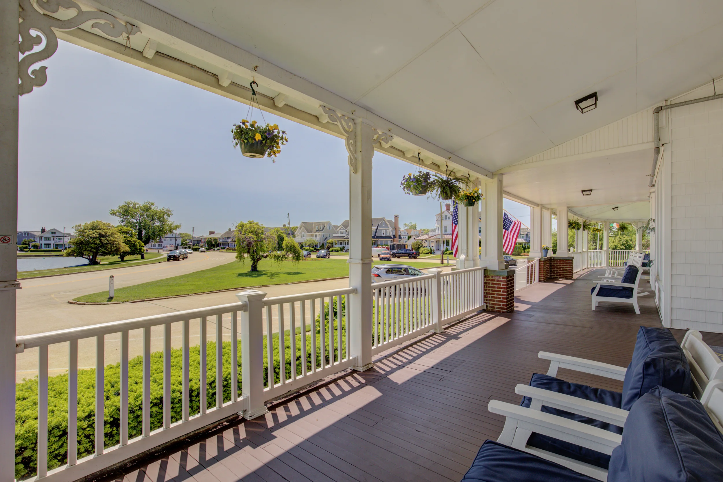 Front porch seating facing lake